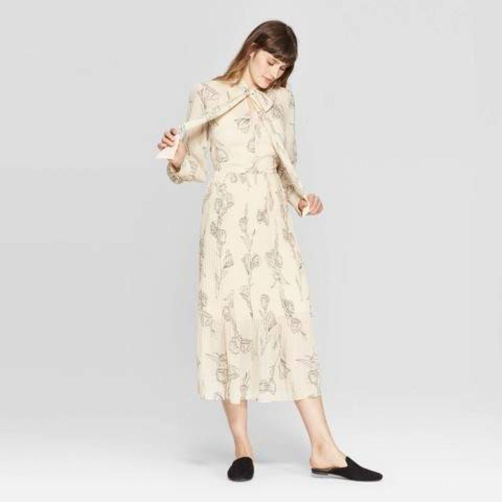 A New Day Floral Print Long Sleeve High Neck Pleated Midi Dress Cream Medium